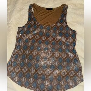 AREA Boho Sequin Top | Ikat Motif Bronze Blue Sparkle Tank EUC SZ L